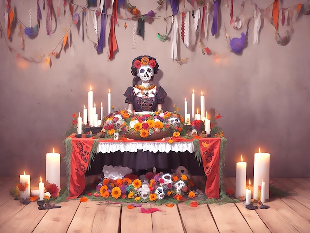 Photo day of the dead celebration with flowers background illustrations