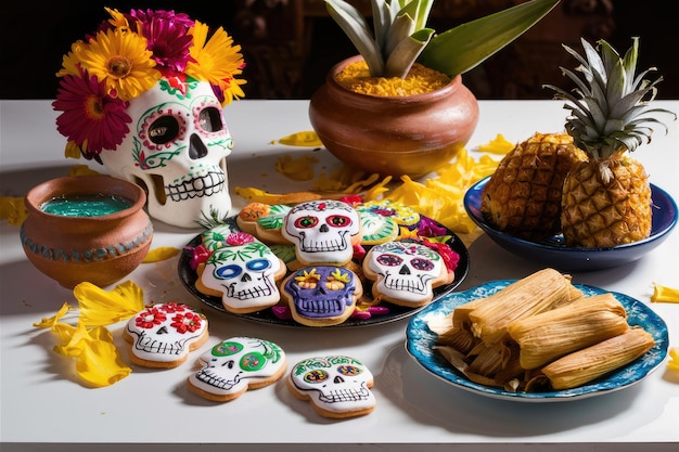 Photo day of the dead celebration with sugar skulls pineapples and tamales