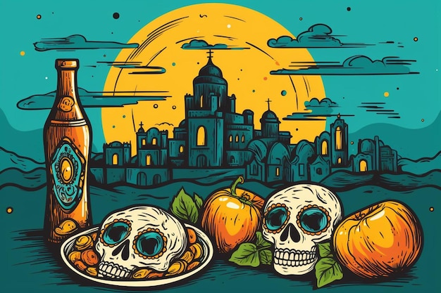 Day of the dead celebration with tequila bottle