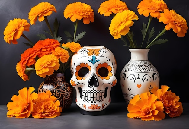 Day of the Dead celebration with traditional Mexican decorations