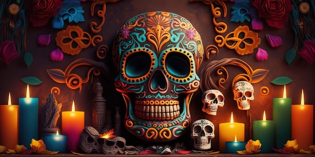 day of the dead colorful skull altar background