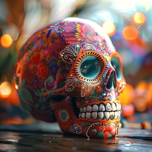 Day of Dead colorful sugar skull decorated with flowers Dia de muertos