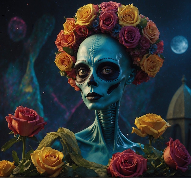 Day of the dead concept Scary skeleton woman in a wreath of roses