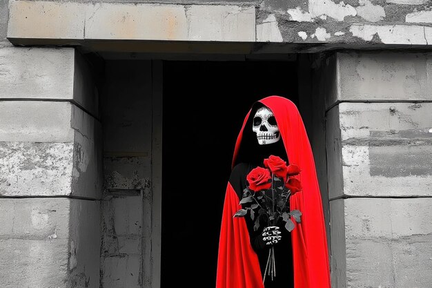 Photo day of the dead concept with red cloaked figure holding roses in urban decay setting