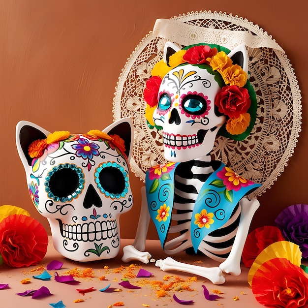 Day of the Dead Dia de los muertos cat skull and skeleton decorated with colorful Mexican elements