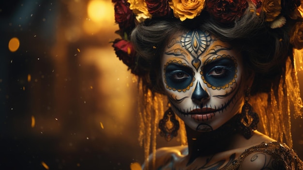 Day of the dead dia de muertos a holiday honoring the dead the souls of deceased relatives visit home skulls skeletons Halloween makeup venerating the dead creatively beautiful