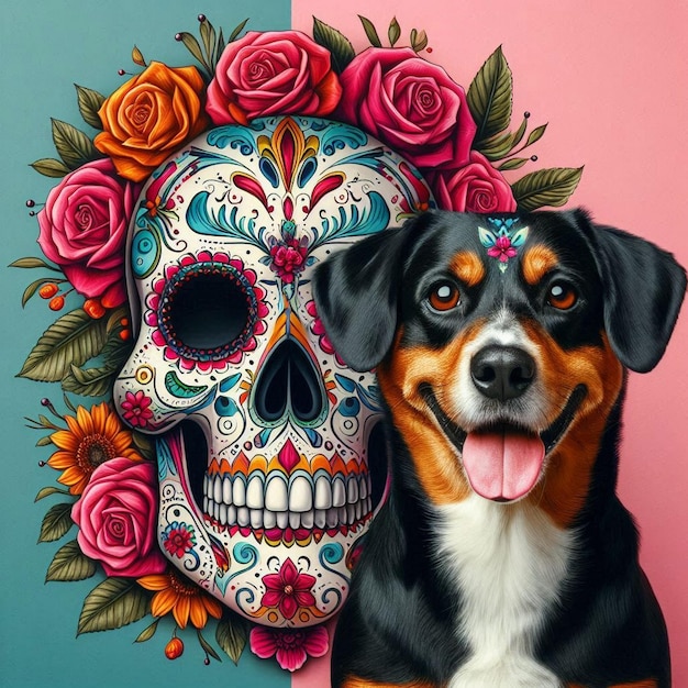 Photo day of the dead dog with sugar skull art