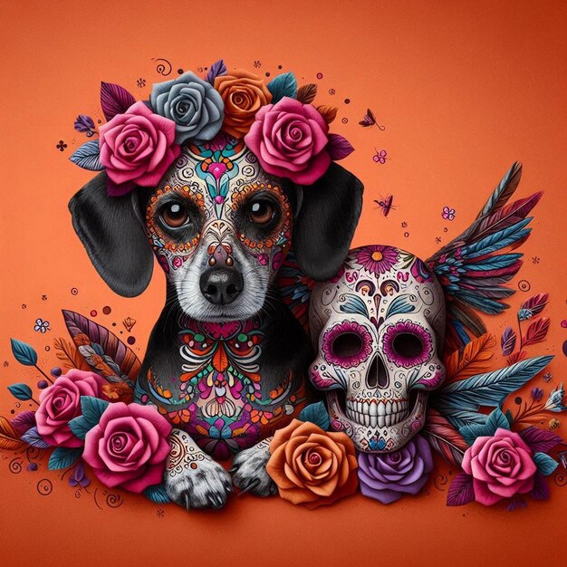 Photo day of the dead dog with sugar skull art