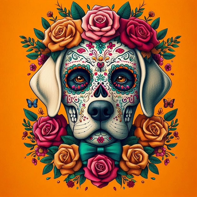 Photo day of the dead dog with sugar skull art