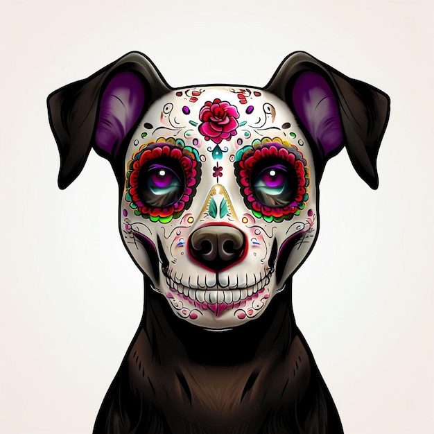 Photo day of the dead dog with sugar skull face