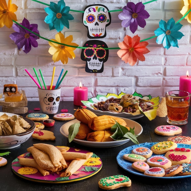 Photo day of the dead feast with tamales cookies and traditional decorations