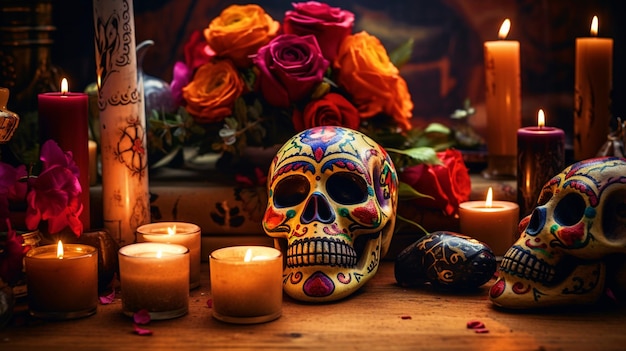 Day of the Dead festival decorated skull with flowers and candles