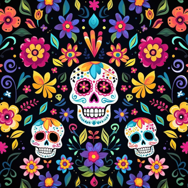 Day of the dead full color seamless pattern flat illustration AI Generated