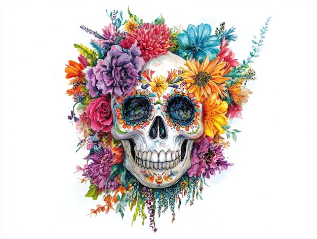 Photo day of the dead greeting card skull with vibrant flowers on white background