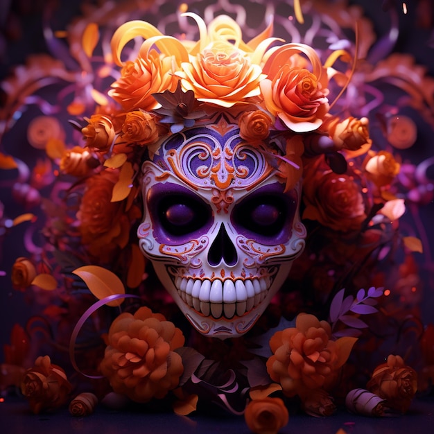 Day of the Dead Mexican holiday in purple and orange shades 3D