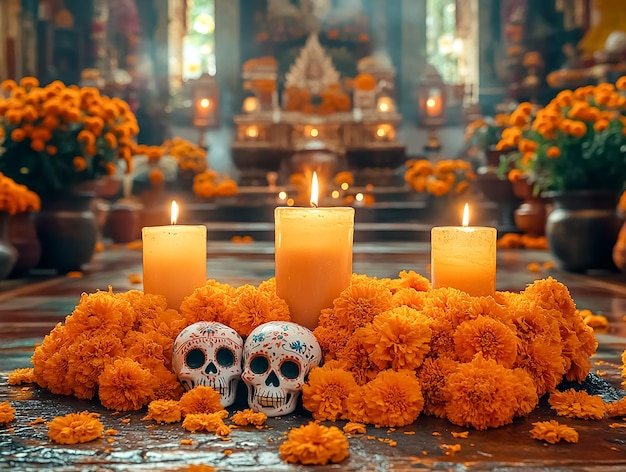 Photo day of the dead in mexico decoration on the altar grave in the form of skulls orange marigolds