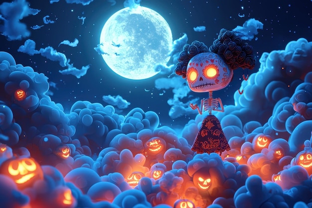 Day of the Dead Skeleton Girl in a Cloud of Pumpkins