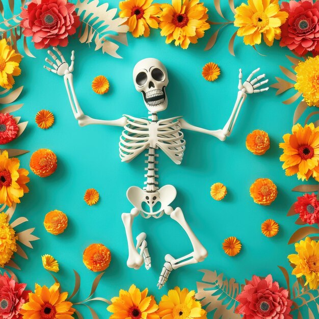 Day of the Dead Skeletons in Festive Attire Marigold Flowers and Family Celebrations