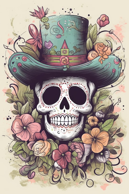 Day of the dead skull and flowers