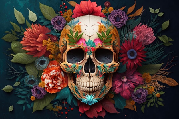 Day of the dead skull surrounded by colorful flowers and plants created with generative ai