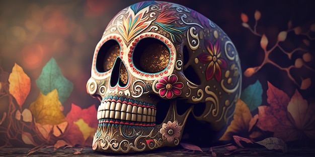 Day of the dead skull with blur background and candle lights