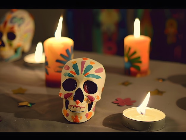 Photo day of the dead skulls and candles