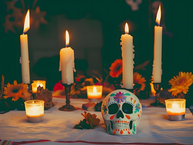 Photo day of the dead skulls and candles