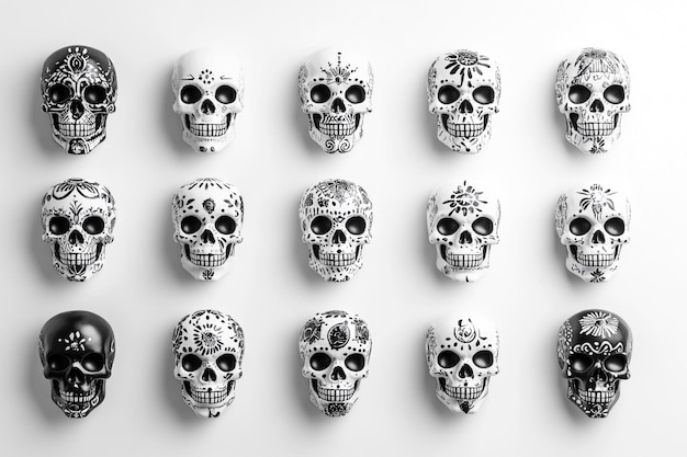 Day of the Dead Skulls in Monochrome on a Bright Backdrop