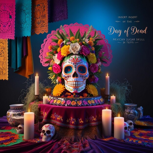 Photo day of the dead social media post design and mexican skull with beautiful flowers