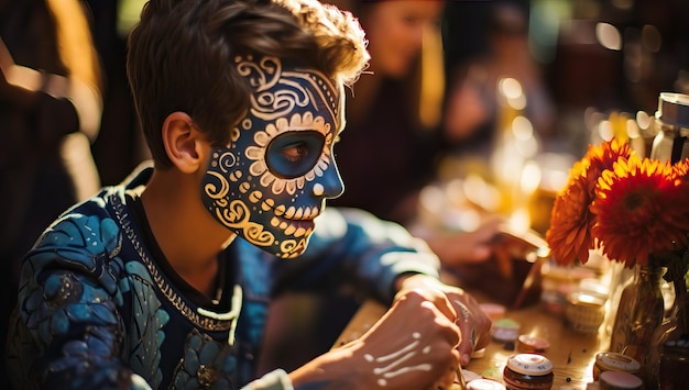 Day of the Dead sugar skull boy in traditional mexican costume