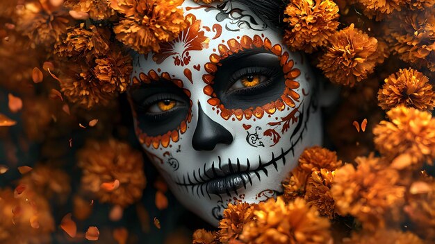 Photo day of the dead sugar skull a captivating portrait of a woman adorned