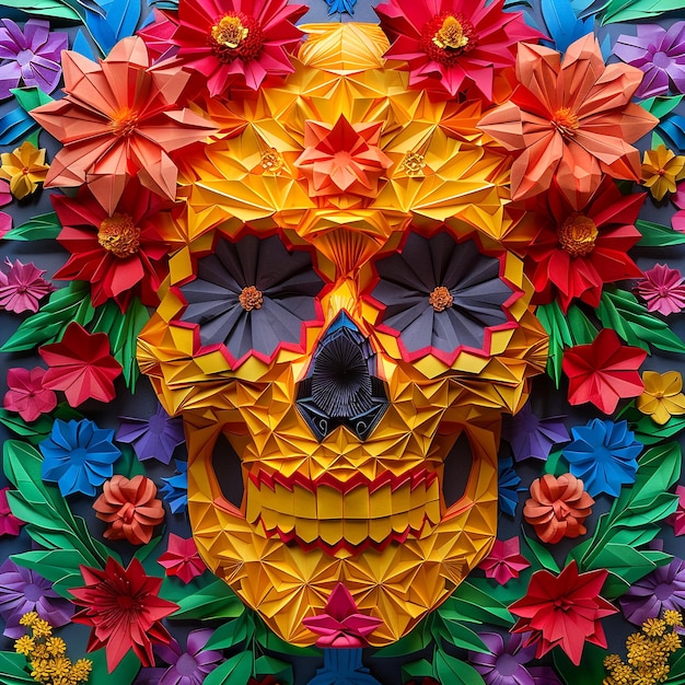 Day of Dead sugar skull paper style colorful background