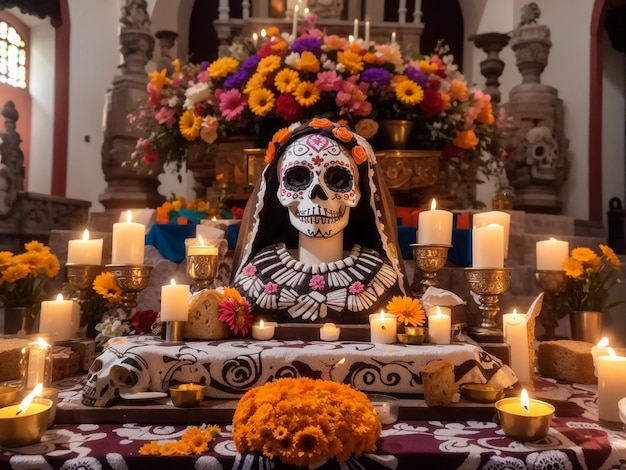 Day of the dead Sugar skull with candles bread and flowers altar decoration