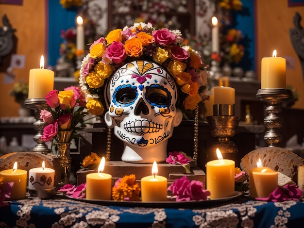 Day of the dead Sugar skull with candles bread and flowers altar decoration