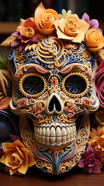 Day of the Dead sugar skulls with flowers Generative AI