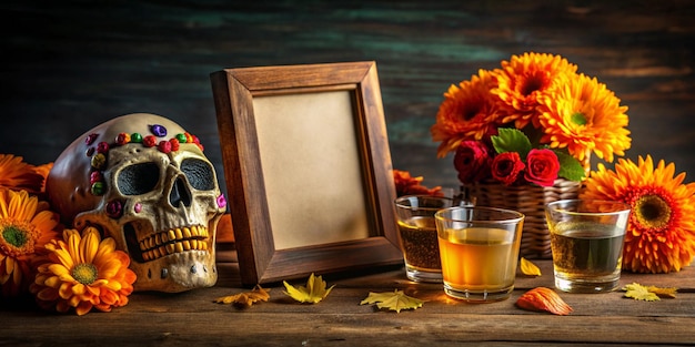 Photo day of the dead tequila offering with skull and flowers