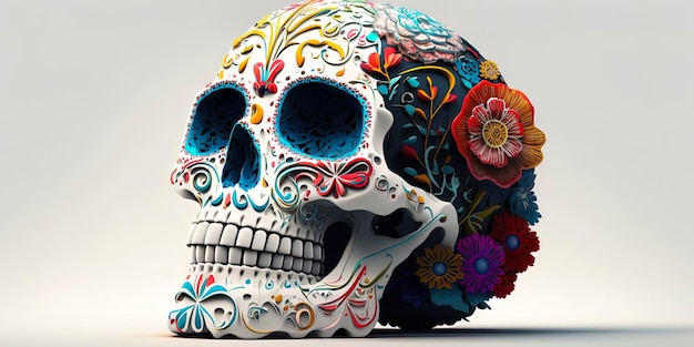 Day of the dead traditional skull on white background AIGenerated