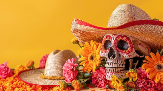 Day of the Dead Tribute Skull Sombrero Flowers