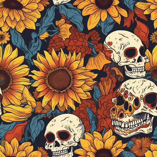 Day of the dead wallpaper with skulls and flowers.