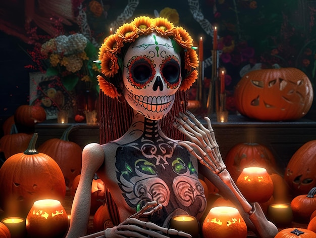 Day of the Dead woman skull makeup with flowers and candles on dark background Created with Generative AI technology.