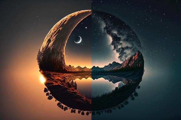 Day and night time change concept 24 Hours from morning till dawn moon to sun cycle over landscape