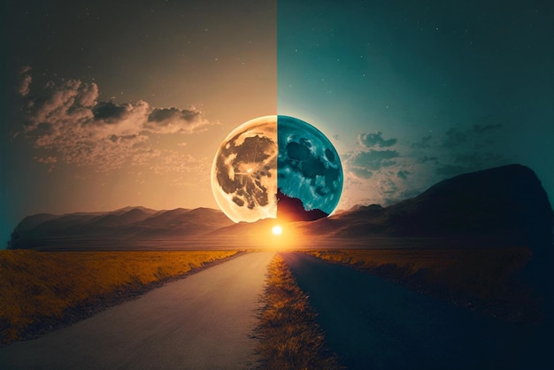 Day and night time change concept 24 Hours from morning till dawn moon to sun cycle over landscape