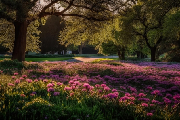 During the day a road that is not in use is surrounded by trees and lush flora Generative AI