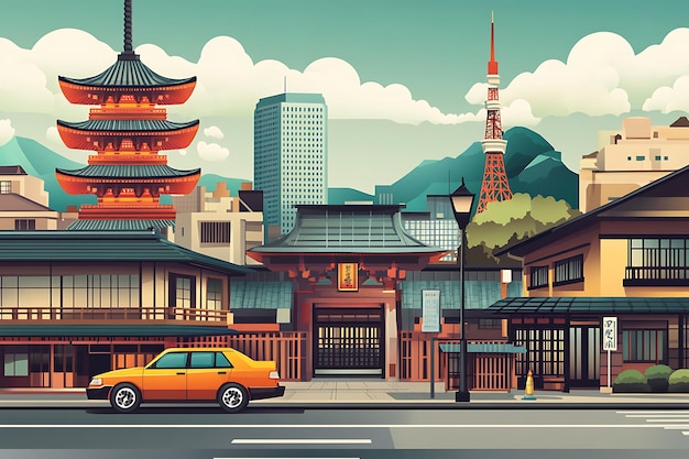 Photo a day in tokyo a cityscape with a pagoda tower and car