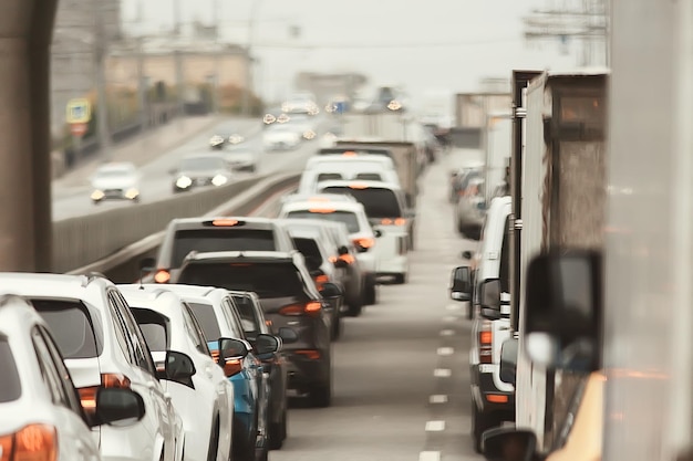 day traffic traffic jam in the city on the highway cars / transport concept, city traffic metropolis view landscape