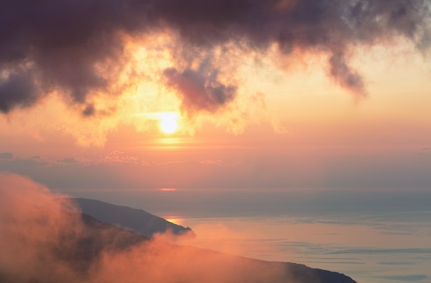 Daybreak coastline fantastic colors landscape from Aj-Petri Mountain top (Crimea, Ukraine).