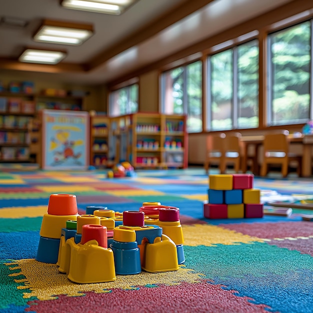 Photo daycare room tables set arts crafts activities educational games floor toy blocks in the background