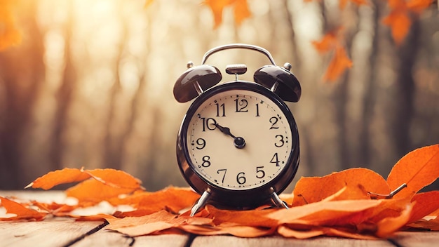 Daylight Saving Time Alarm clock and orange color leaves on wooden table Autumn timeFall time change