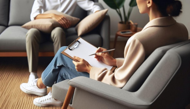 Daytime Counseling Session Therapist in Comfortable Chair Attentively Taking Notes with Clipboar