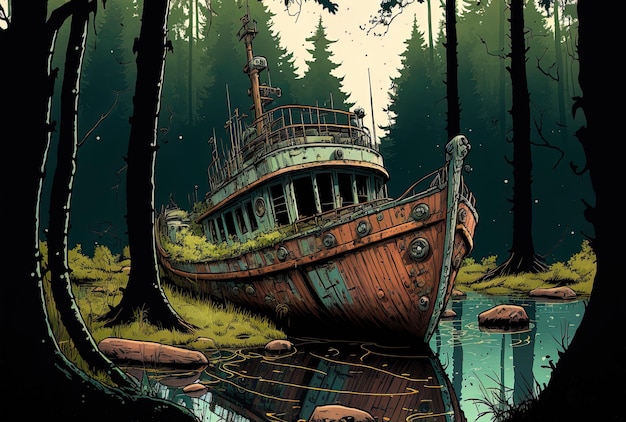 Daytime vertical image of a rusted abandoned boat in a forest